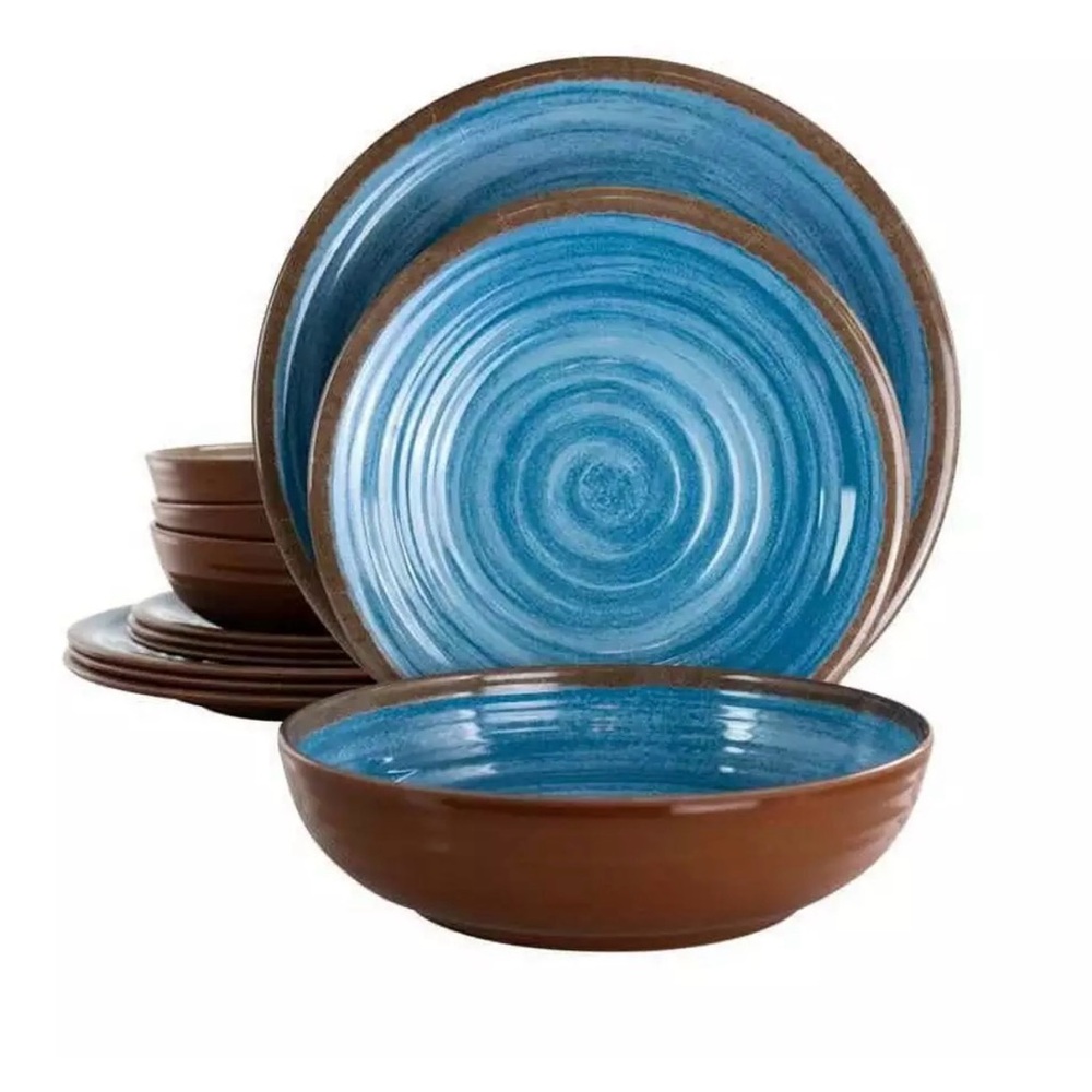 Elama Rippled Tides 12 Piece Lightweight Melamine Dinnerware Blue Beachy Coastal